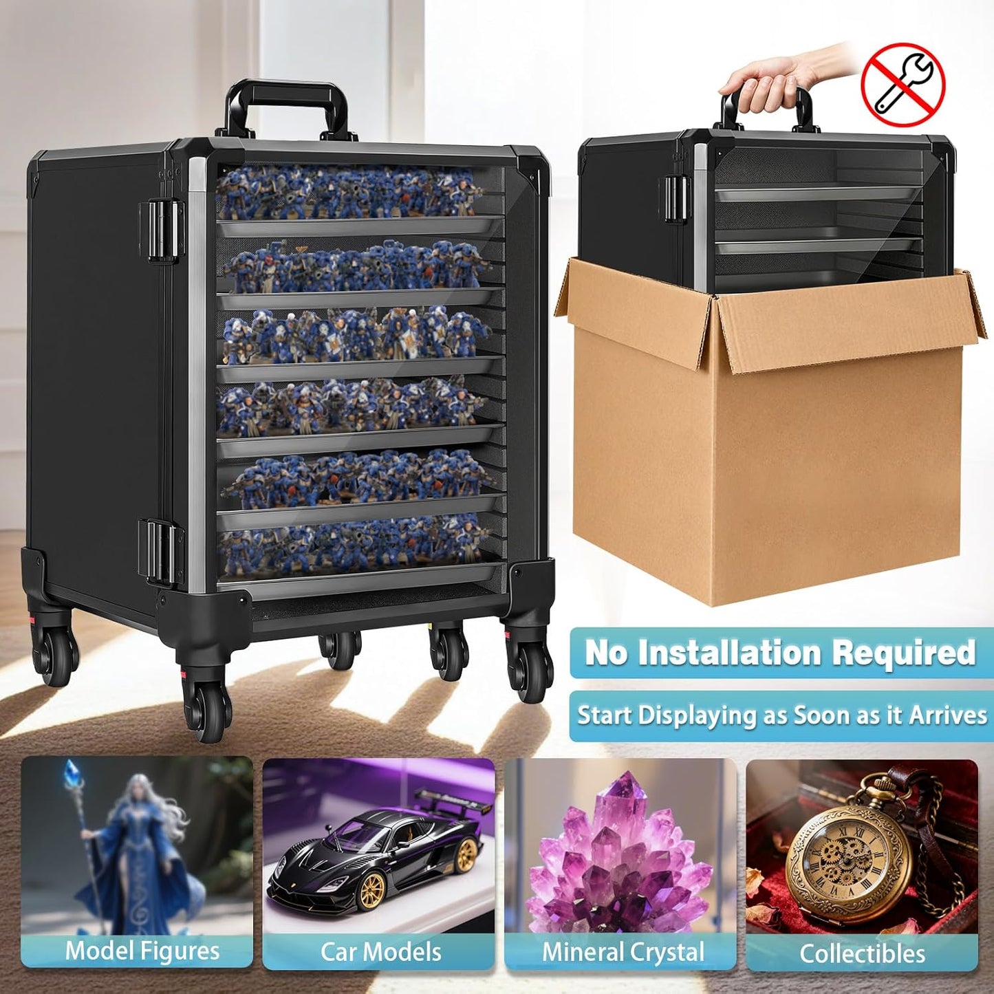 Skiennix Miniatures Storage Case - Aluminum Alloy Frame with Lock & Trolley | Large Size Display