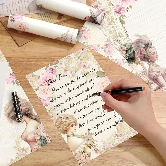 Supervitae 120 Pack Victorian Floral Stationery Paper, 8.27 x 5.51 Inch Double Sided Printing with Rose Border, Vintage Classical Stationery Letter Sheets for Writing Printing Crafts, 6 Designs