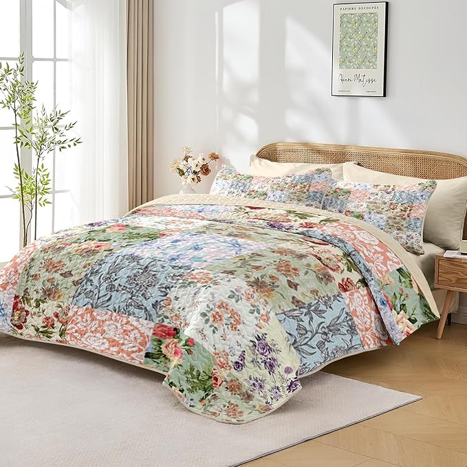 Quilt Set King Size, Vintage Patchwork Floral 3 Pcs Soft Bed Cover Bedding Set, Boho Mid Century Lightweight Bedspread Coverlet with 2 Pillow Sham for All Season