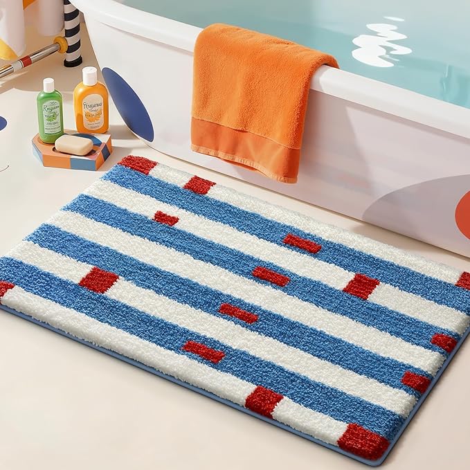 LUMI Bathroom Rugs with Blue White Stripe, Soft Absorbent Bath Mat for Modern Home Decor, Non-Slip Quick-Dry Bath Rug, Machine Washable Floor Mat for Shower and Tub, Entryway, 20"x32"