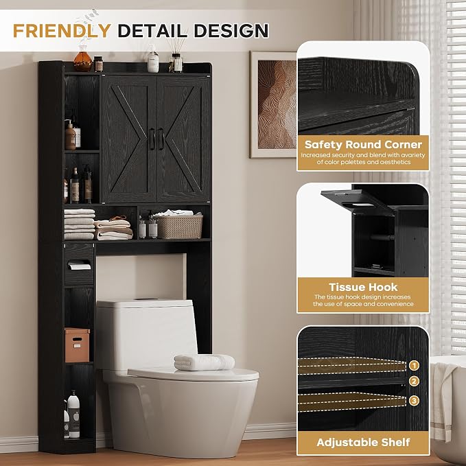 Over the Toilet Storage Cabinet, 31.1”W Bathroom Organizer with Double Doors, Above Toilet Rack, Detachable Toilet Paper Holder for Bathroom & Laundry Room Black