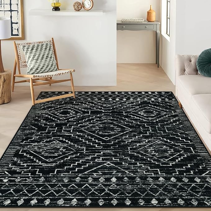 Wonnitar Moroccan 8x10 Area Rugs for Living Room, Washable Large Black Rug for Bedroom, Non-Slip Soft Thin Stain Resistant Boho Tribal Floor Carpet for Dining Guest Room Office (Black,8'x10')