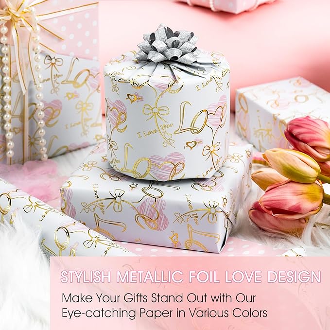 Yarcony Reversible Wedding Wrapping Paper, Heart Themed Gift Wrapping Paper, Creative Love & Bow Print Valentine's Day Gift Wrap for Girls, Women Birthday,Mother's Day, Anniversary(17 Inch X 33 Feet)