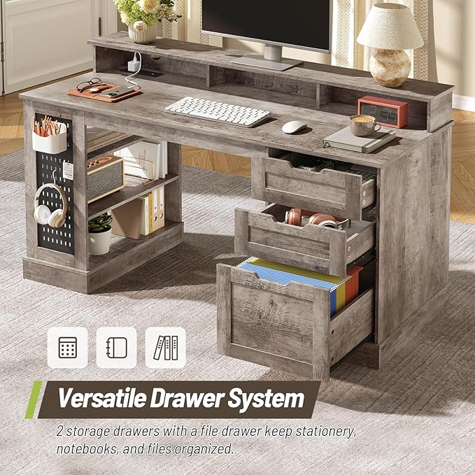 55-Inch Farmhouse Executive Desk with 2 Drawers and File Cabinet, Computer Desk with 3-Tier Storage Shelves, Home Office Desk with Charging Station, Pegboard and Monitor Shelf, Gray