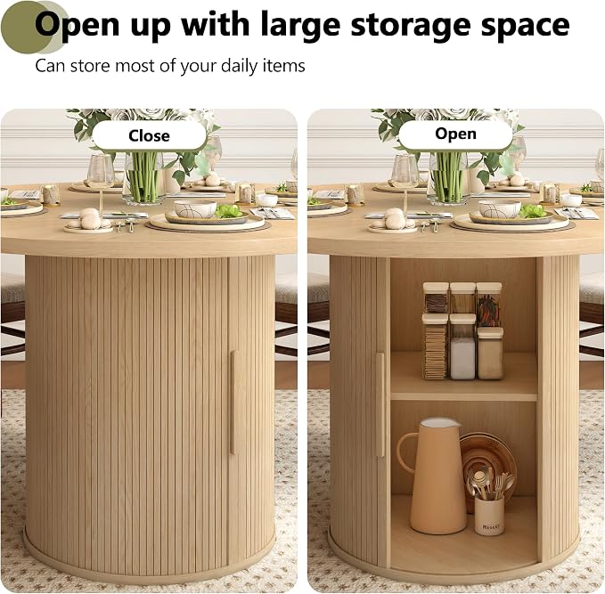 weselon 47 inch Round Dining Table for 4, Kitchen Table Dinner Table with 2-Layer Storage Shelf and Wood Slide Door for Home Dining Room Living Room (Natural)