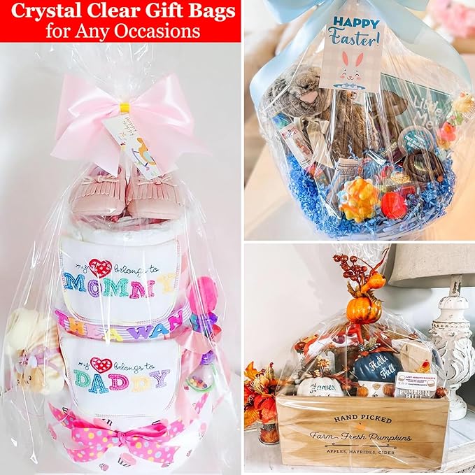 SYOGUA Extra Large Clear Cellophane Bags, 5 Pack 40" x 55" Jumbo Crystal Clear Gift Bags, 3 Mil Thick Huge Plastic Bags for Baskets Packaging, Cellophane Wrap Christmas Gift Bags