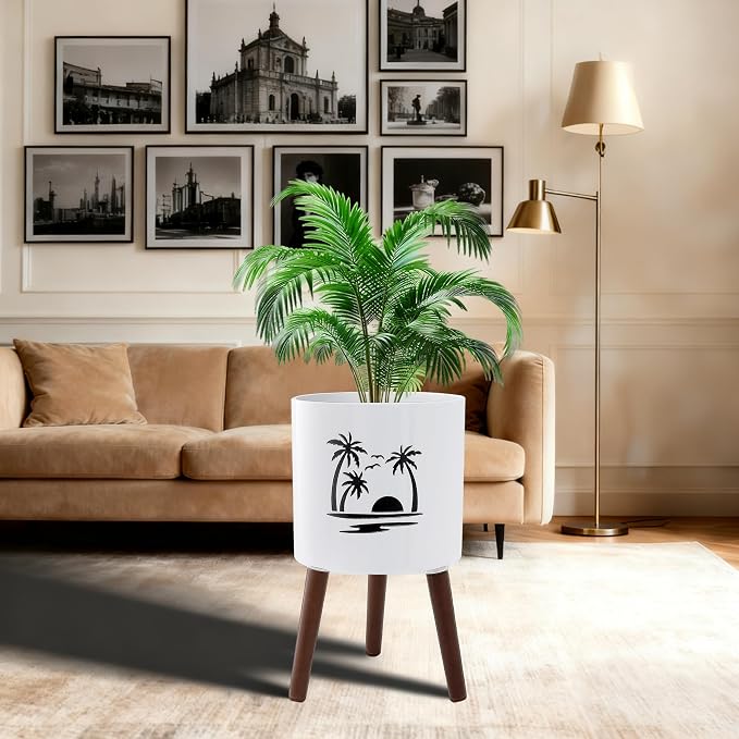 12Inch Planter Pot with Stand, Planter for Indoor Plants, Modern Large Flower Planter Pot with Drainage Holes for Outdoor White & Black Palm