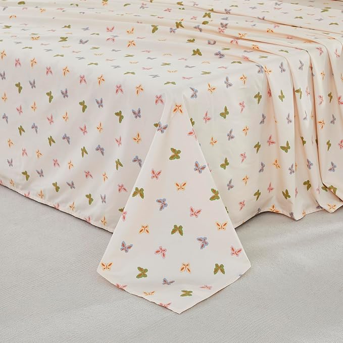 Brandream Bed Sheets for Queen Size Bed, 4 Pieces 100% Egyptian Cotton Farmhouse Sheet Set Butterfly Print Bed Deep Pockets (Cream Ivory)