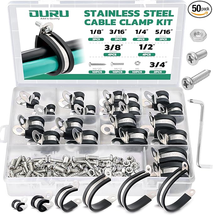 OURU 50PCS Cable Clamps with Screws Assortment Kit 304 Stainless Steel Rubber Coated Cushioned Insulated Cable Clamp,Automotive Wire Pipe Clamps 7 Sizes—1/8" 3/16" 1/4" 5/16" 3/8" 1/2" 3/4"