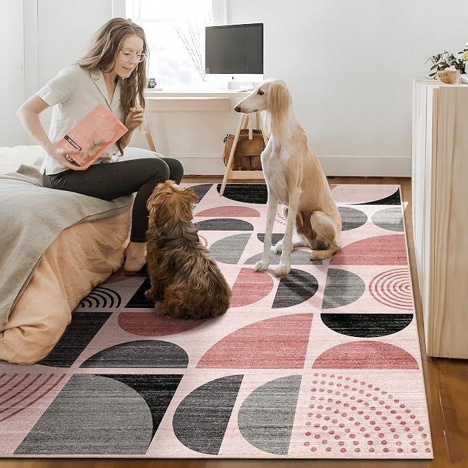 MUJOO Pink Rug Washable,6x9 Area Rugs for Living Room Bedroom Dining Room,Boho Large Throw Floor Carpet Non Slip Soft Modern Abstract Pink and Grey