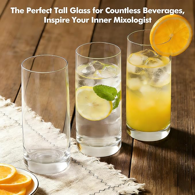 Highball Glasses Set of 6,13oz Clear Drinking Glass Cups for Mixed Drink Cocktail, Beer, Mojito, Water and Juice, Thick Tall Crystal Glassware for Kitchen, Restaurant, Home Bar and Parties