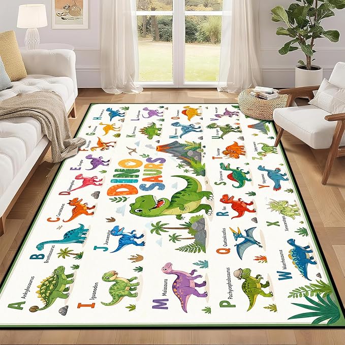 2'x3' Dinosaur Area Rug ABC Alphabet Educational Rugs for Entryway Bedroom Living Room Nursery Kitchen Playroom Home Decor Washable Cute Cartoon Dinosaur Floor Mat Carpet