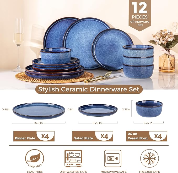 GBHOME Dinnerware Sets for 4, 12 Pieces Stoneware Plates and Bowls Sets, Scratch Resistant Ceramic Dishes, Dishwasher & Microwave Safe, Reactive Glaze-Sea Blue