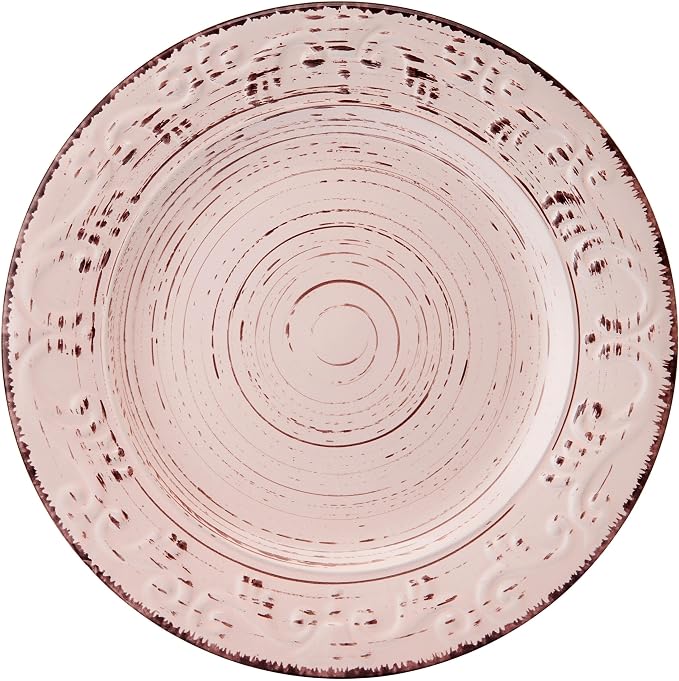 Pfaltzgraff Pink Trellis 12-Piece Dinnerware Set, Stoneware Plates and Bowls Sets for 4, Dishwasher and Microwave Safe, Rustic Garden-Inspired Design