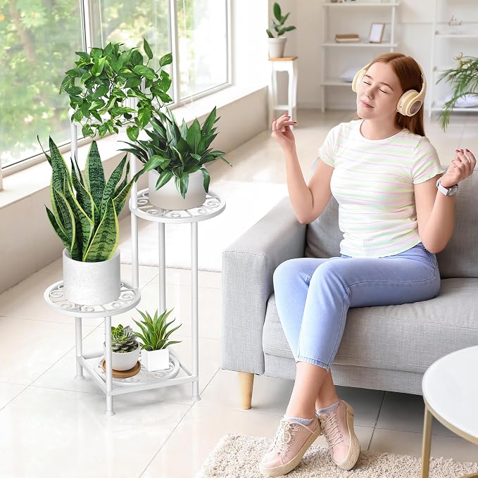 4 Tier Plant Stand Indoor Outdoor, Metal Flower Shelf Display Holder, Multiple Plants Corner Tall Flower Holders for Patio Balcony Porch Garden Living Room (White)