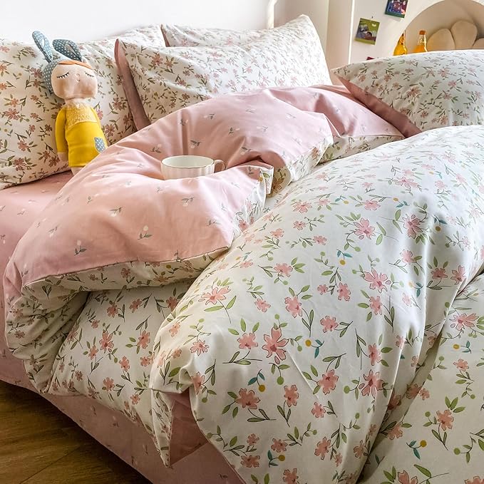 HighBuy White Cotton Floral Duvet Cover Full Girl Pink Floral Bedding Set Garden Style Botanical Coquette Bedding Comforter Cover with Zipper Closure,Cottagecore Duvet Cover Set Full,2 Pillowcases