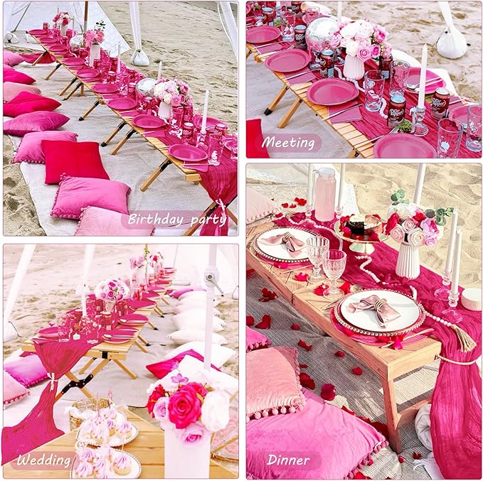 Fivenl Boho Gauze Table Runner - 35x72 Inch, Rustic Cheese Cloth, Hot Pink