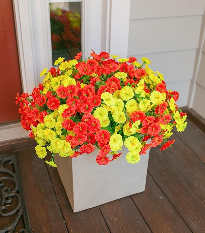 Artificial Flowers Fake Plants for Outdoors Decoration, 12 Bundles Silk Morning Glory with Eucalyptus Realistic UV Resistant Faux Flowers for Outside Planter Porch Yard Patio Garden Home Indoor, Mix