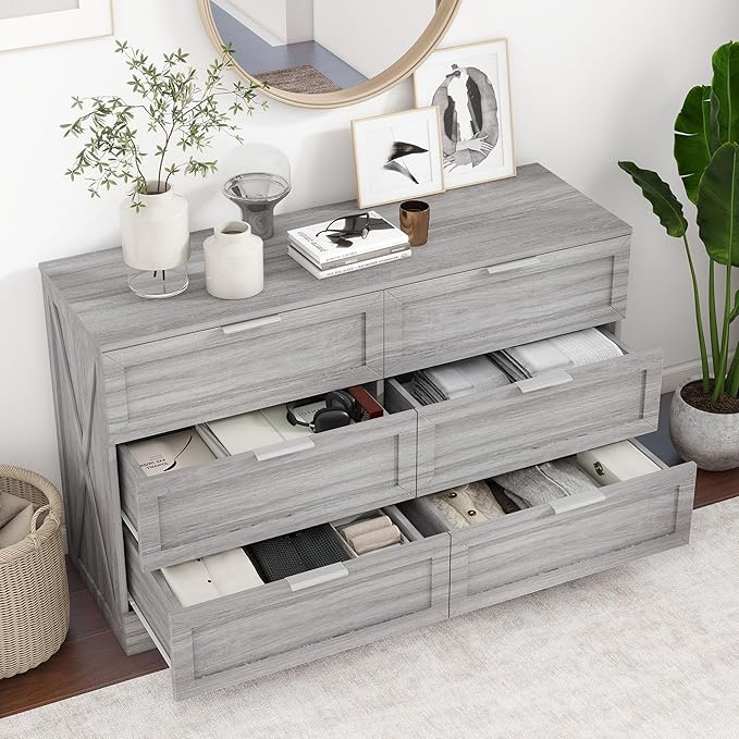 Modern 6-Drawer Dresser for Bedroom, Dresser Chest of Drawer with Large Drawers & Silver Handles, Wooden Dressers Drawers Storage Unit for Bedroom, Living Room, Closet (Wash Grey)