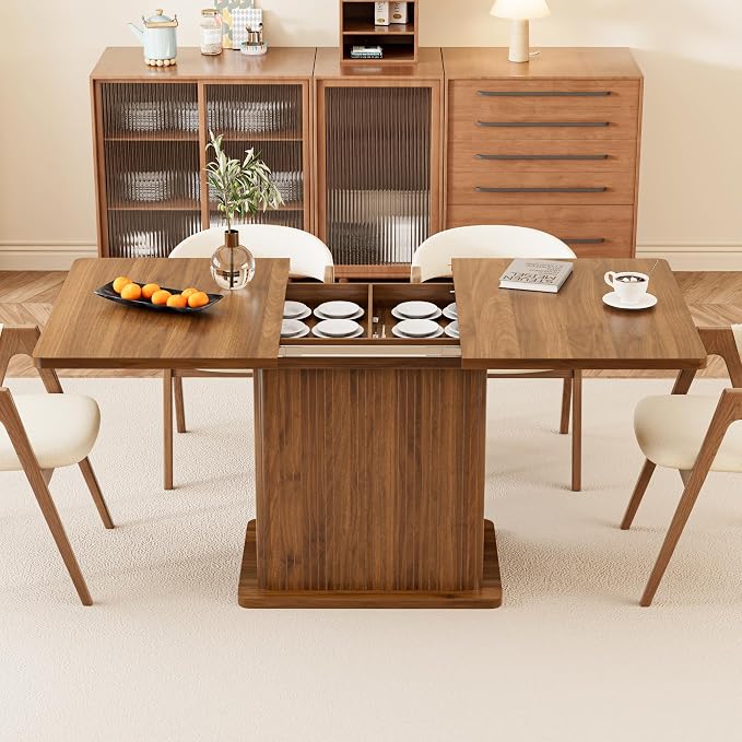 Extendable Kitchen Dining Table for 4-6, 47-65 Inch Rectangle Dining Room Table with 2 Doors, Large Storage, Mid Century Modern Dinner Furniture, Living Room, Space Saving, Square, Fluted, Walnut
