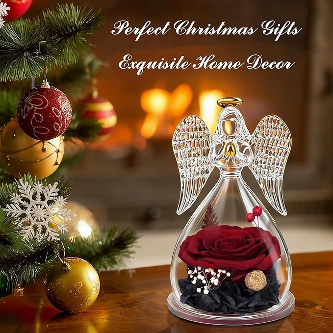Sunia Preserved Flower Rose Gift for Women - Mother's Day Birthday Gifts for Mom Wife Grandma, Glass Angel Figurines Forever Real Roses Gifts for Her Valentine Day Thanksgiving﻿ (Redwine)