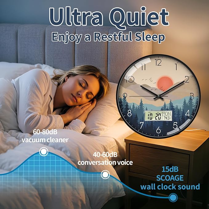 Wilderness Sunset Wall Clock, 14 Inch Silent Non-Ticking Battery Operated Analog Clock with LCD Date Day Temp Display, Decorative for Living Room, Bedroom, Kitchen, Office, Farmhouse, Cabin