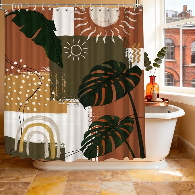Extra Long Shower Curtain Extra Tall Mid Century Modern XL Abstract Tropical Leaf Shower Curtains for Large Bathroom Decor Sets, Waterproof Cloth Fabric with Hooks, 108x72 Inch