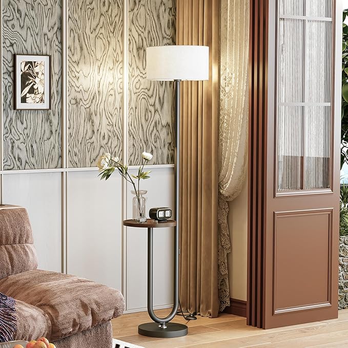 62.9" Floor Lamp with Table Brown, White Lampshade Vintage Standing Lamp with Tray Foot Switch, 3 Color Temperatures LED Bulb Included, for Living Room, Bedroom
