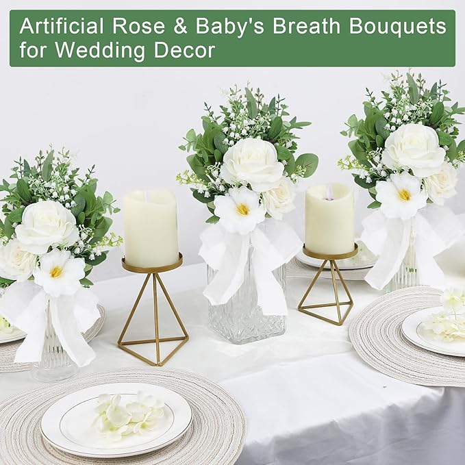 Set of 2 Bridesmaid Bouquets for Wedding - 7 Inch Artificial Flowers Bouquets for Ceremony Anniversary Centerpieces Decorations - White