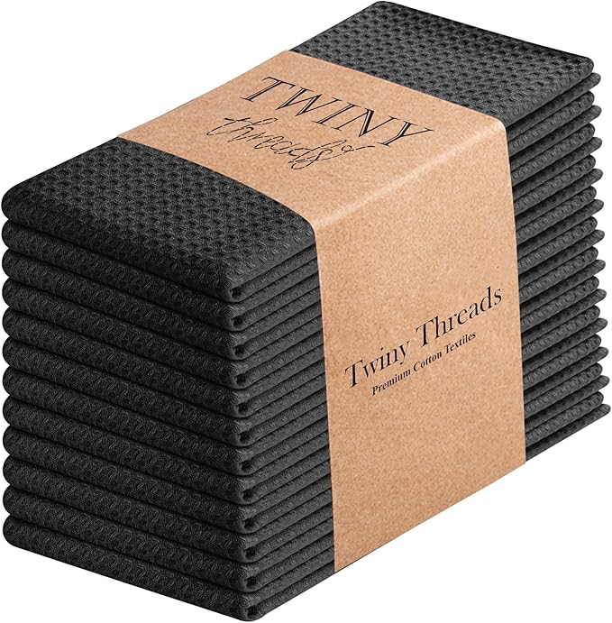 TWINY threads Kitchen Towel Waffle Weave, 12 Pack, 16x26 Inch, Premium Cotton Dish Rags, Absorbent Quick Drying Linen Set for Home, Restaurant Kitchens, Reusable Wash Cloths for Drying Dishes, Black