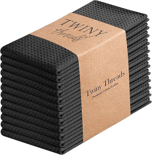 TWINY threads Kitchen Towel Waffle Weave, 12 Pack, 16x26 Inch, Premium Cotton Dish Rags, Absorbent Quick Drying Linen Set for Home, Restaurant Kitchens, Reusable Wash Cloths for Drying Dishes, Black