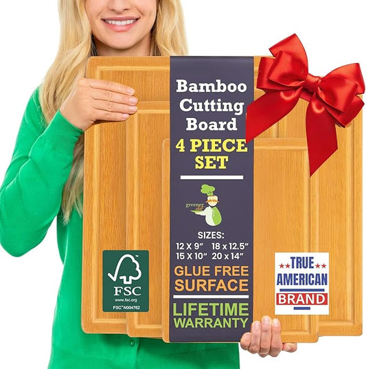 Glue-Free Surface™ 2XL Extra Large Bamboo Cutting Board Set of 4 – Small, Medium, XL, and Oversized Sizes from Chopping Vegetables to Carving Meat & Turkey for Large Family Meal Prep and Gatherings