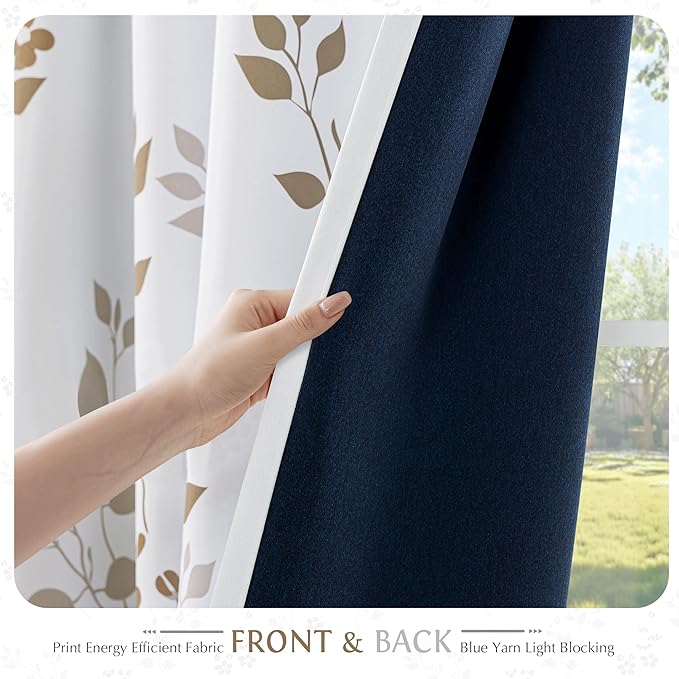 Beauoop Floral 100% Blackout Curtains 63 Inch Length 2 Panels for Bedroom Living Room Tan Brown and White Flower Patterned Room Darkening Thermal Soundproof Grommet Window Treatments Drapes, 52X63