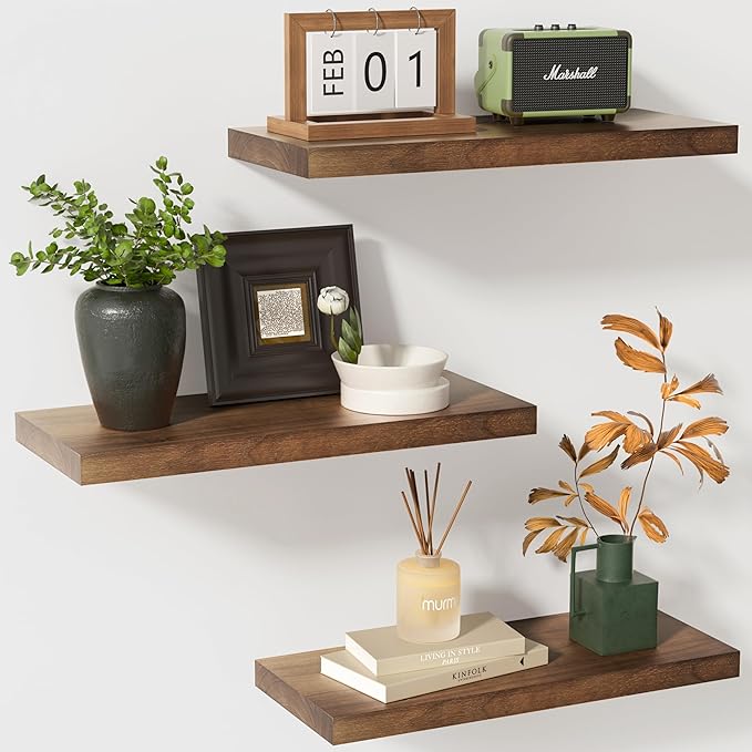fuqing Rustic Floating Shelves, Wooden Floating Shelves for Wall Set of 3, Wall Mounted Dark Wood Shelves for Living Room Bedroom Bathroom Kitchen - Dark Walnut
