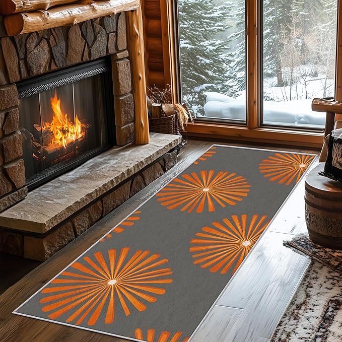 Mid Century Modern Runner Rug 4x8, Sunburst Starburst Design, Retro Geometric Area Rug, Washable Non-Slip Floor Carpet Runner for Bedroom, Dining Room, Living Room Aisle