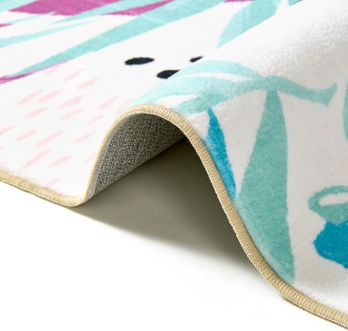 RoomTalks Tropical Leaves Washable Rug, Colorful Pink Blue Boho Cute Floral Aesthetic 3x5 Area Rugs for Bedroom Dorm Living Room Kitchen, Modern Abstract Art Palm Leaf Thin Indoor Entryway Carpet