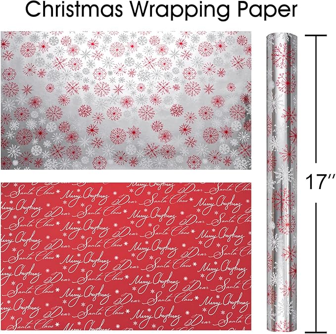 MAYPLUSS Christmas Wrapping Paper Roll - 17IN X 33FT - Christmas Gift Wrapping Paper Featuring Red and White Snowflake Against Silver Reversible Merry for Kids, Holiday, New Year