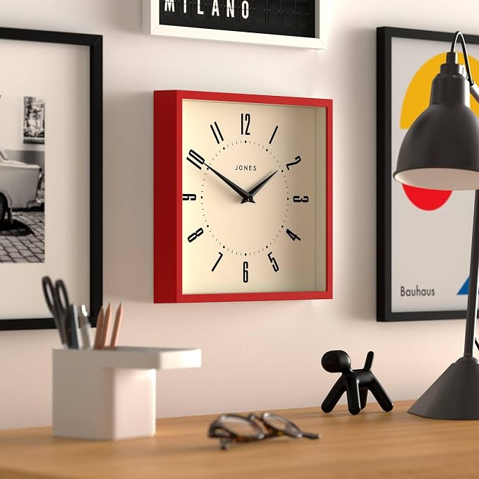 JONES CLOCKS® Box wall Clock | Retro Square | 10 inch | Red | Easy to Read Numbers | Perfect Kitchen or Office Clock