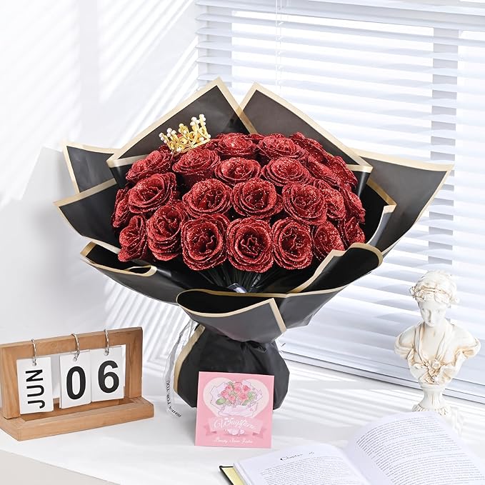 Waipfaru 36 Pcs Glitter Roses Bouquet, DIY Fake Flowers Bouquet, Artificial Red Rose Bouquet for Valentines, Mothers Day Gifts, Anniversary, Engagement, Wedding