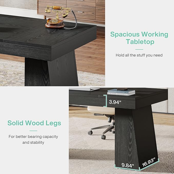 Tribesigns 55 Inches Executive Desk, Mid-Century Modern Home Office Desk, Wood Computer Desk Business Workstation Desk Small Conference Table, Black