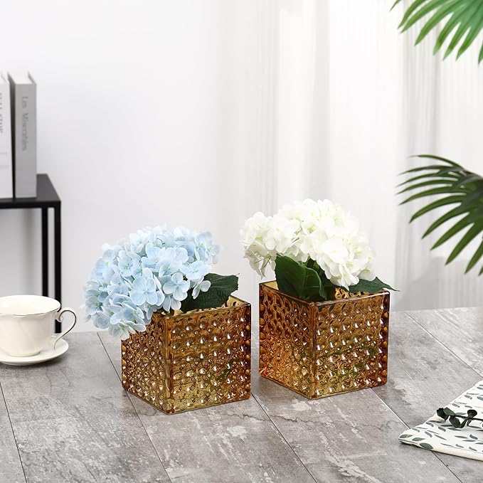 MARTAGE Square Vases Set of 6, 4" x 4" x 4" Square Glass Vases for Flowers, Amber Flower Vase for Centerpieces, Small Bubble Vase for Wedding, Party, Home, Office, Parties, Events