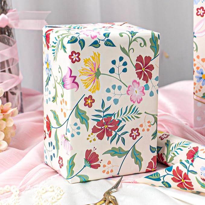 Merture Floral Wrapping Paper Roll with Pink Polka Dots Reverse- 17 In X 32.8 Ft(46.5 sqft) Vintage Warm Flower Design Gift Wrap for Mothers Day, Valentines Day, Birthday, Wedding, Anniversary