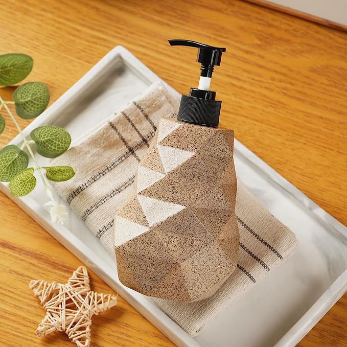 Geometric Resin Soap Dispenser, Refillable Hand Soap Pump Bottle for Bathroom & Kitchen, Modern Stone-Look Lotion Dispenser, 10 oz（300ml） Decorative Countertop Soap Dispenser
