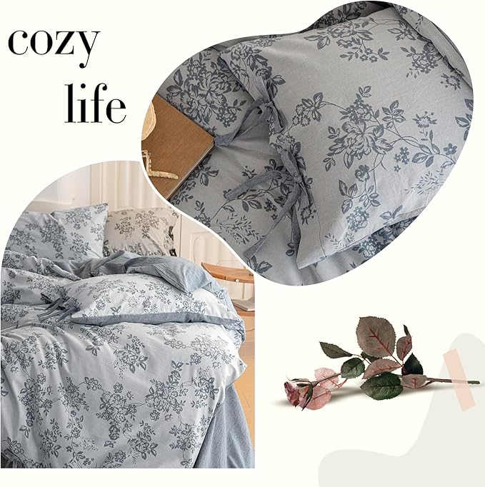 VM VOUGEMARKET Duvet Cover Set King Size Linen Cotton Yarn-Dyed Duvet Cover,Jacquard Garden Floral Pattern Monet Style 3Pieces Bedding Set,Navy Blue
