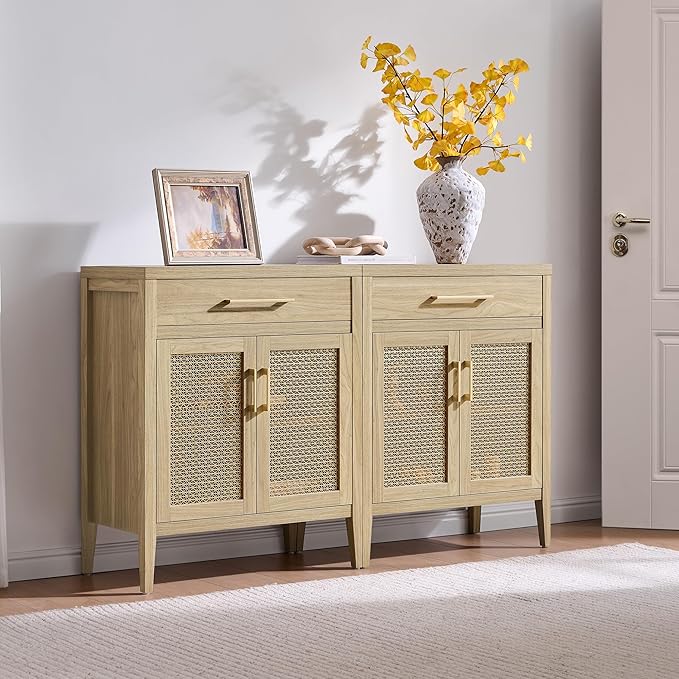 SICOTAS Sideboard Buffet Cabinet with Drawers - Credenza Storage Cabinet with Adjustable Shelves, Farmhouse Sideboards Coffee Bar Console Cabinets for Kitchen Living Room Entryway, Light Walnut, 2 PCS