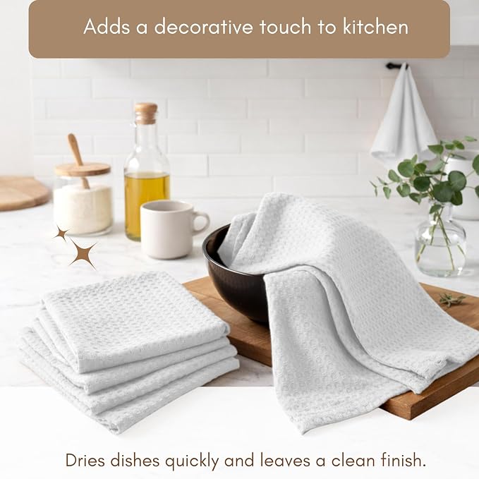 TWINY threads Kitchen Towel Waffle Weave, 4 Pack, 16x26 Inches, Premium Cotton Dish Rags, Absorbent Quick Drying Linen for Home and Restaurant Kitchens, Reusable Wash Cloths for Drying Dishes, White