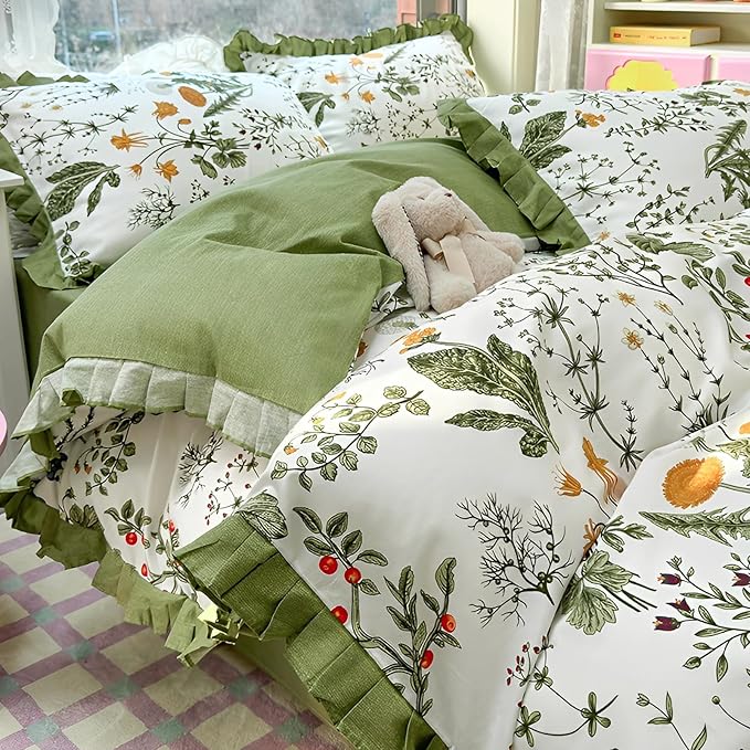LifeTB Green Floral Comforter Set King Romantic Ruffle Comforter Vintage Botanical Flowers Comforter with 2 Pillowcases Boho Floral Lace Coquette Bedding Fluffy Comfy Farmhouse King Bed Comforter Set