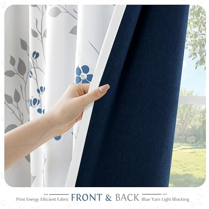 Beauoop Floral 100% Blackout Curtains 108 Inches Long 2 Panels for Bedroom Living Room Blue Grey and White Flower Patterned Room Darkening Thermal Soundproof Grommet Window Treatments Drapes, 52X108