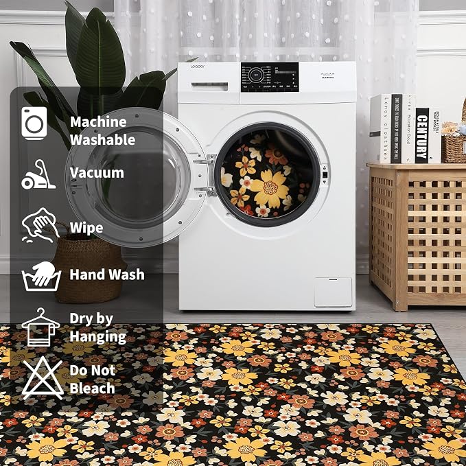 9x12 Area Rug Washable Modern Floral Rug for Living Room Low Pile Soft Bedroom Rugs Non Slip Modern Indoor Large Carpet Thin Foldable Floral Carpet for Nursery Dining Playroom, Black