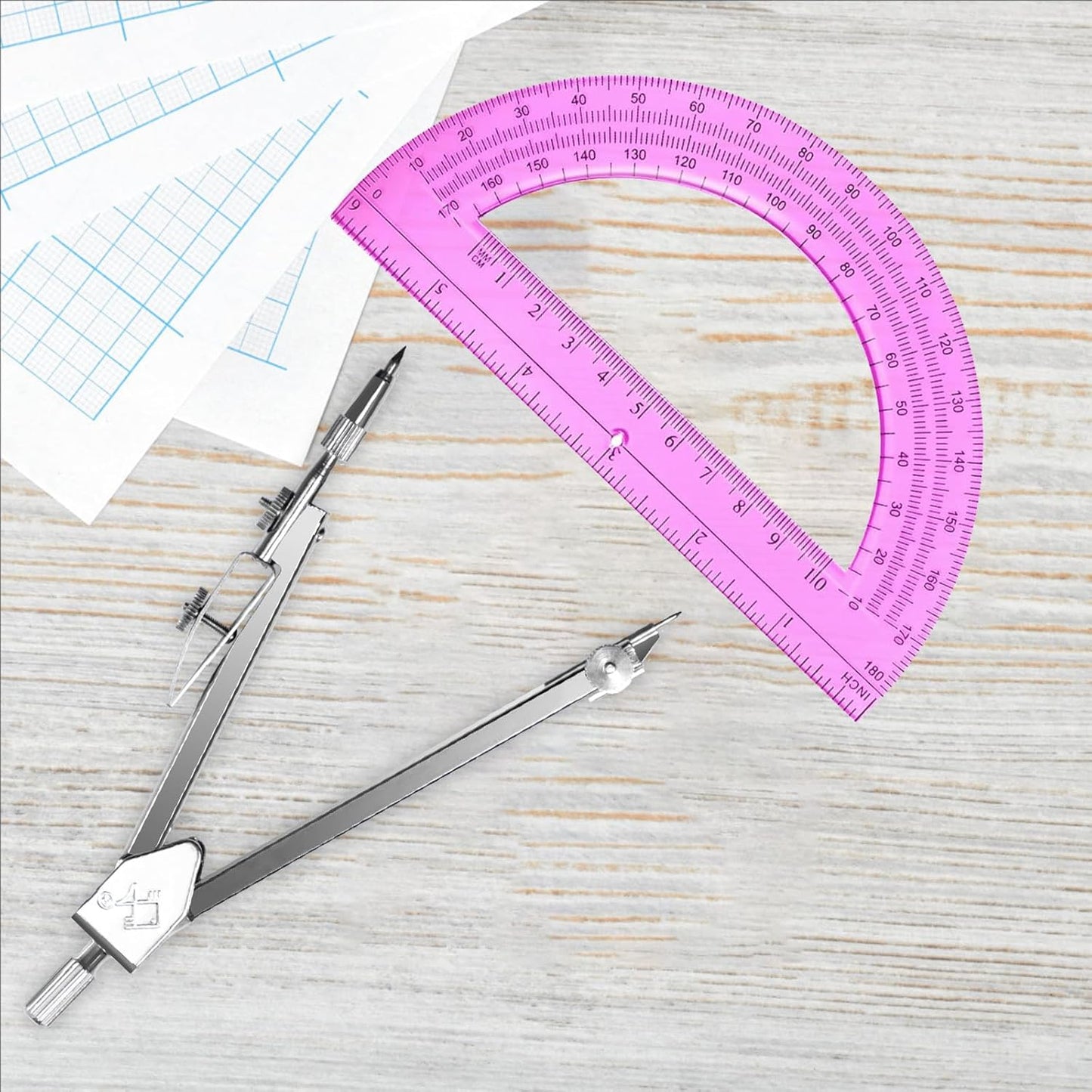 Students Geometry Math Set - Drawing Compass & 6-Inch Transparent Protractor (Pink)